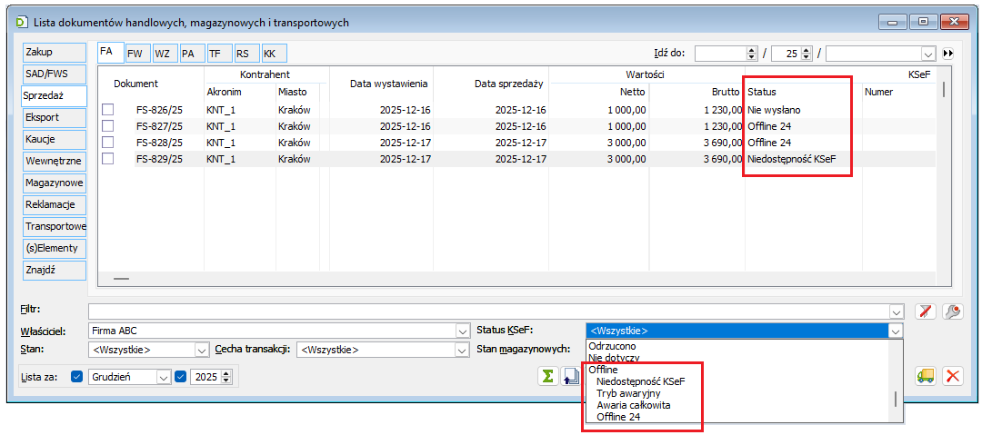 Prezentacja rodzaju trybu offline i filtrowanie z dokładnością do typu offline na liście FS