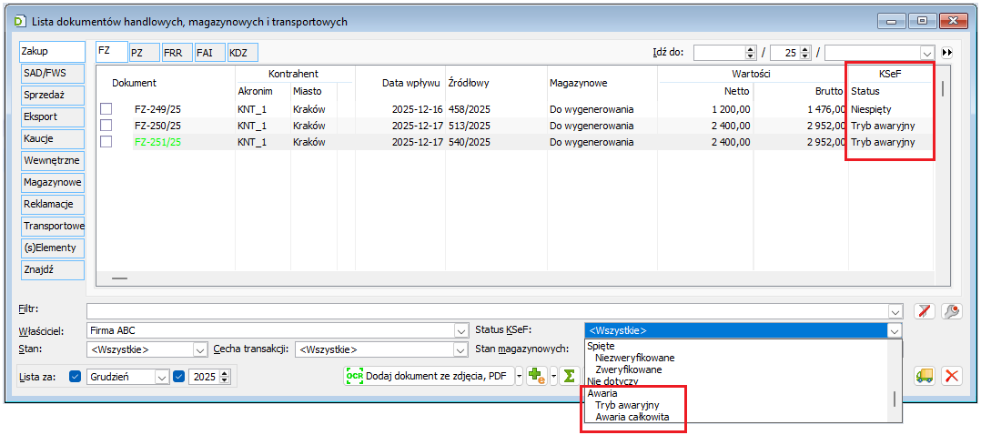 Prezentacja rodzaju awarii i filtrowanie z dokładnością do typu awarii na liście FZ