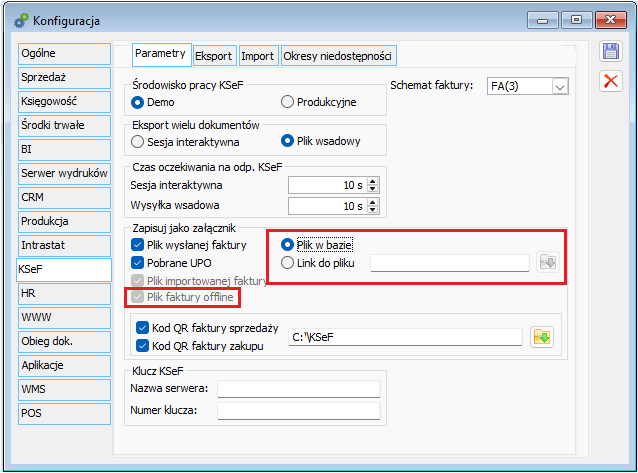 Parametryzacja zapisu załącznika z plikiem faktury offline w bazie/we wskazanej lokalizacji