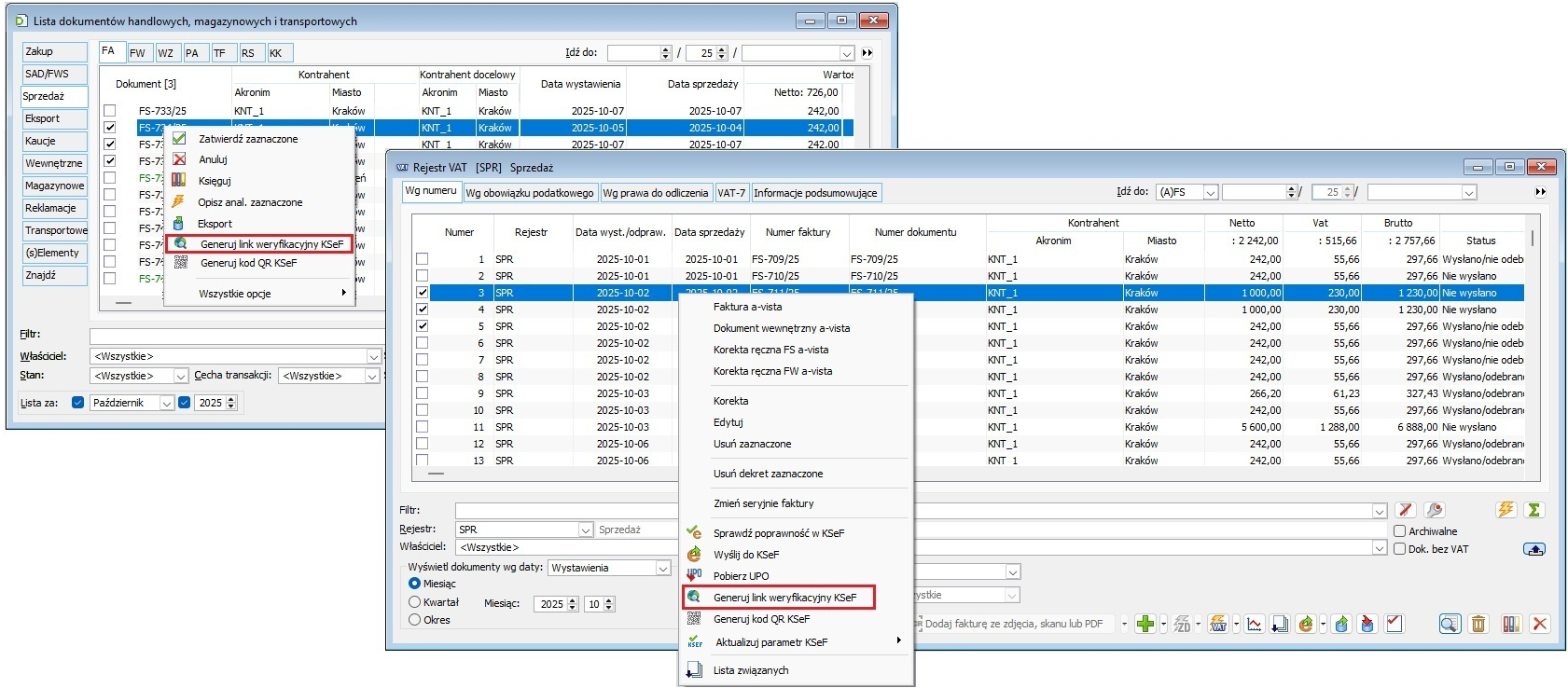 Seryjne generowanie linków weryfikacyjnych KSeF na liście FS oraz w Rejestrze VAT sprzedaży