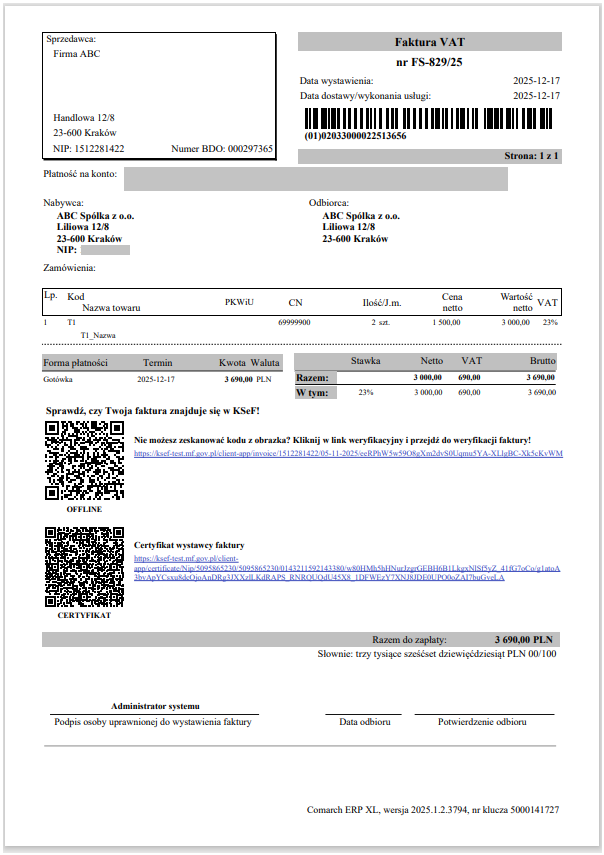 Wydruk faktury udostępnianej w trybie offline