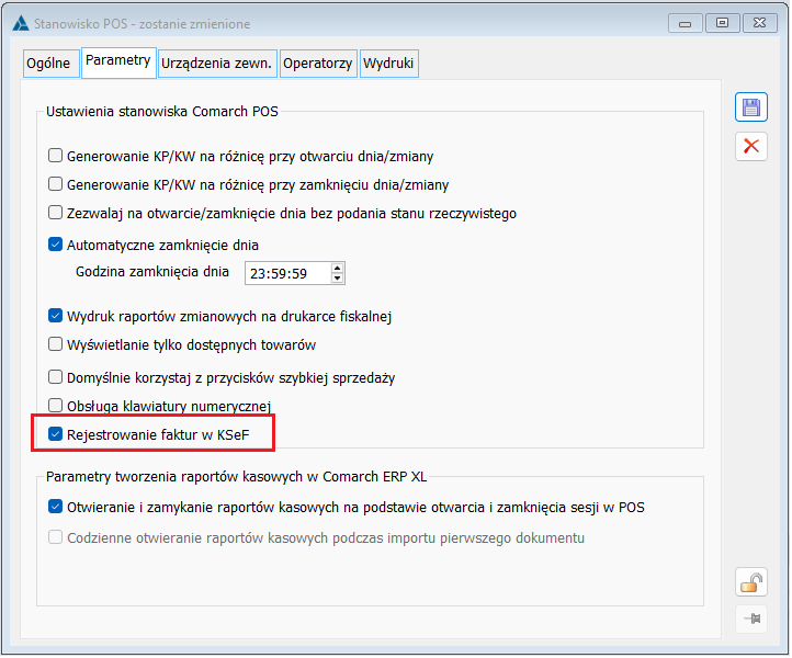 Stanowisko oddziału Comarch POS – parametr: Rejestrowanie faktur w KSeF