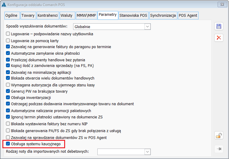 Parametr umożliwiający obsługę systemu kaucyjnego w Comarch POS