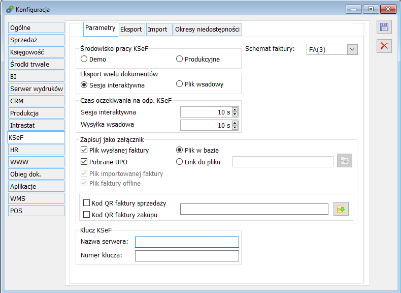 Parametry konfiguracyjne w zakresie integracji z KSeF