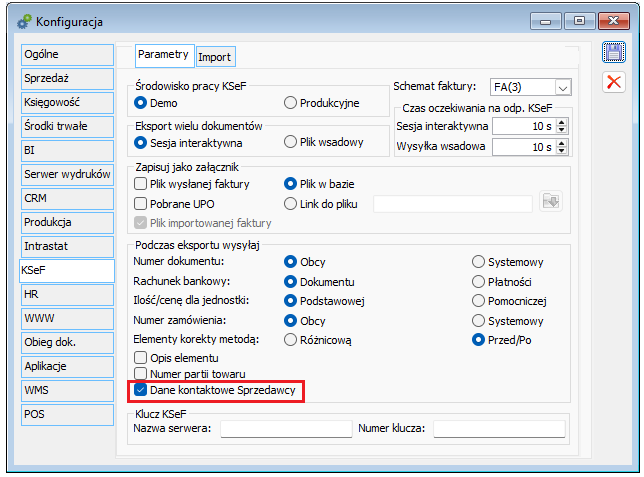 Parametryzacja wysyłania do KSeF danych kontaktowych Sprzedawcy