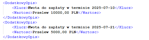 Wysyłka faktury do KSeF - informacja o kwotach do zapłaty