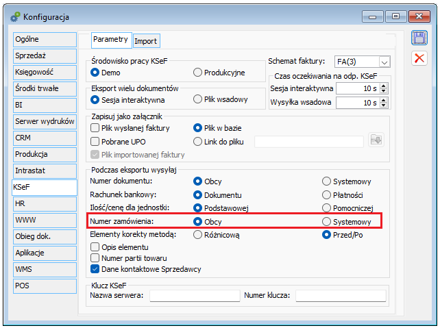 Parametryzacja w zakresie wysyłania numeru zamówienia powiązanego w fakturą KSeF