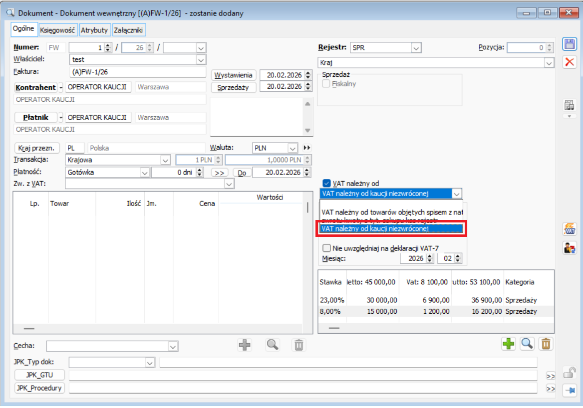 Faktura wewnętrzna a-vista, wybrany parametr VAT należny od kaucji niezwróconej