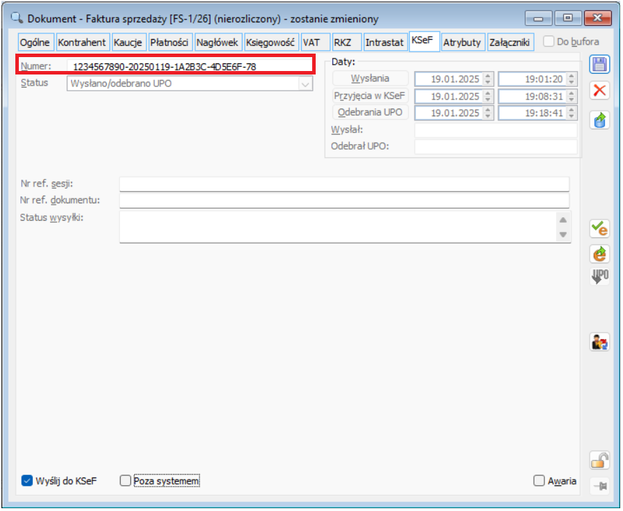 Faktura sprzedaży, zakładka [KSeF] z nadanym numerem w KSeF