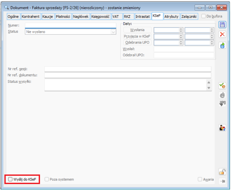 Faktura sprzedaży, na zakładce [KSeF] nie wybrano parametru „Wyślij do KSeF”, na zakładce [VAT] nie wybrano typu dokumentu RO lub WEW
