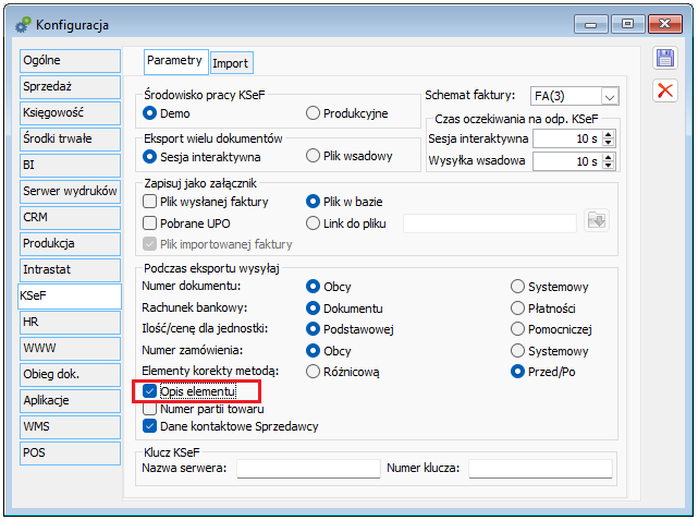 Parametr wysyłania opisu elementów faktury podczas wysyłki do KSeF