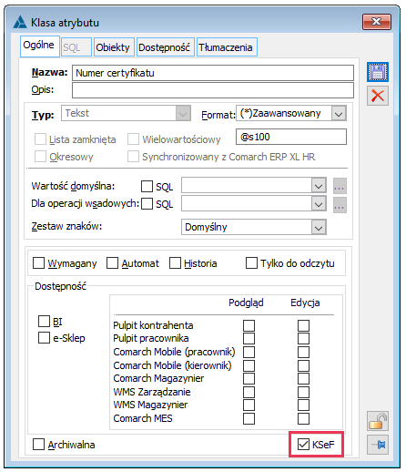  Parametr KSeF na klasie atrybutu
