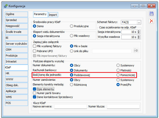 Parametryzacja w zakresie jednostki dla której ma być wysyłana ilość/cena
