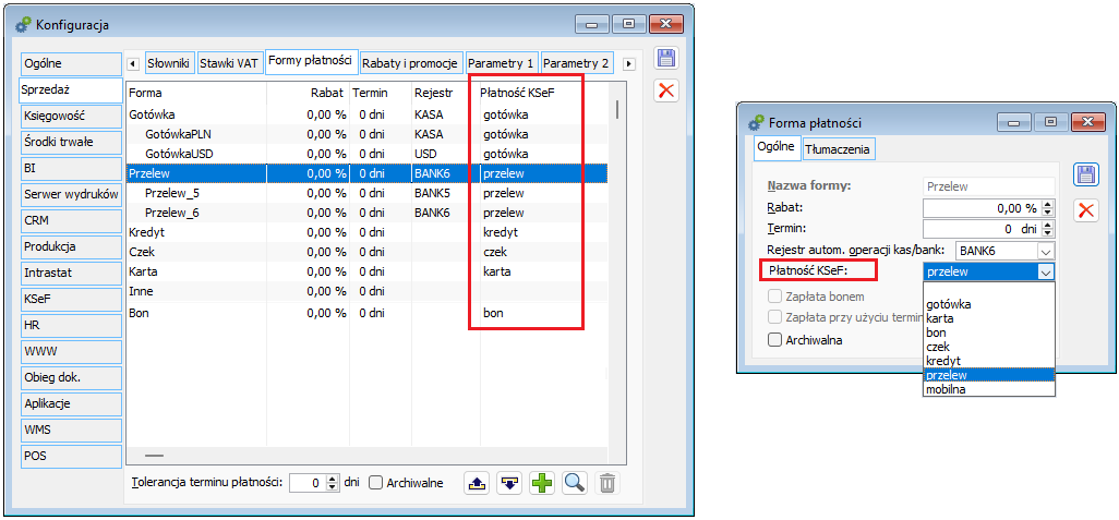 Forma płatności KSeF na formatce systemowej formy płatności