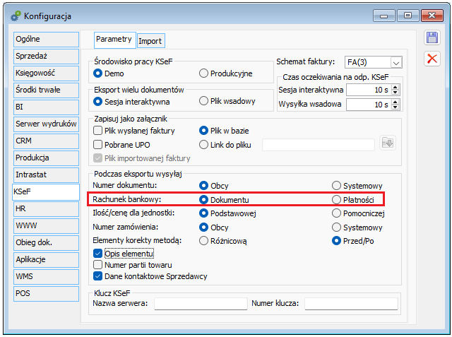 Parametryzacja sposobu ustalania rachunku bankowego dla wysyłanej faktury