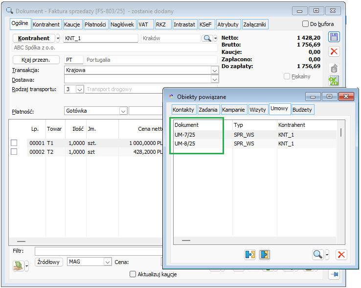 Umowy powiązane z fakturą