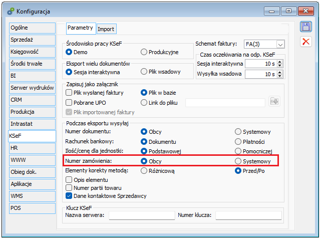 Parametryzacja w zakresie wysyłania numeru zamówienia powiązanego w fakturą KSeF