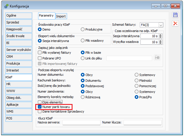 Parametr decydujący o wysyłaniu do KSeF informacji o partiach sprzedanego towaru