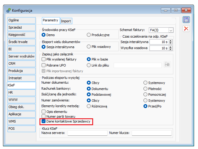Parametryzacja wysyłania do KSeF danych kontaktowych Sprzedawcy