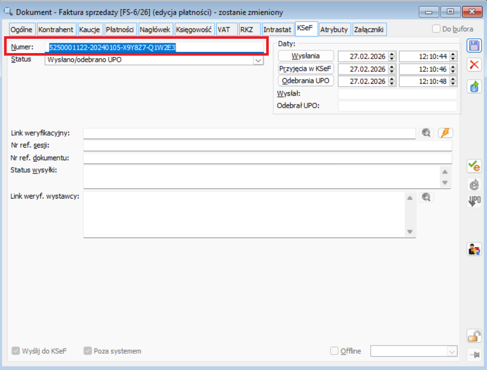 Faktura sprzedaży, zakładka [KSeF] z nadanym numerem w KSeF