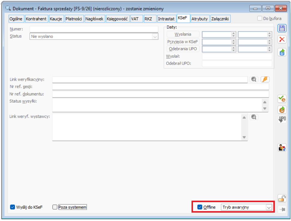 Faktura sprzedaży, zakładka [KSeF] - wybrano parametry: „Wyślij do KSeF”, „Offline”, „Tryb awaryjny”