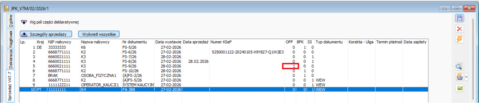 JPK_V7M(3) - sposób ocechowania faktury sprzedaży wystawionej w trybie awaryjnym, jeżeli nie posiada Nr KSeF
