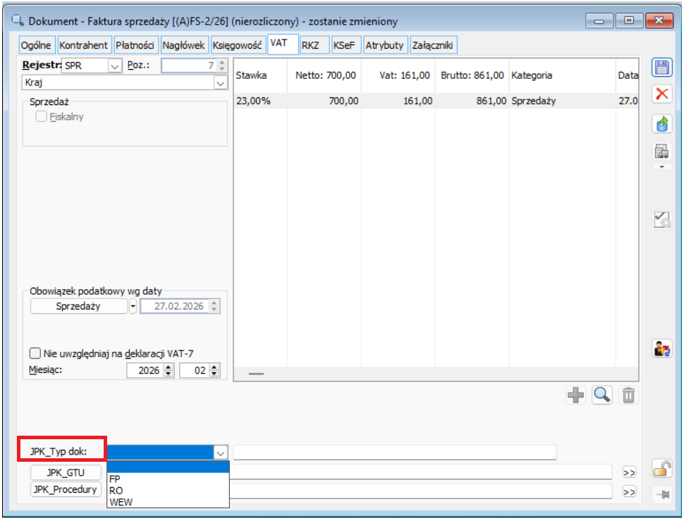 Faktura sprzedaży, na zakładce [KSeF] nie wybrano parametru „Wyślij do KSeF”, na zakładce [VAT] nie wybrano typu dokumentu RO lub WEW