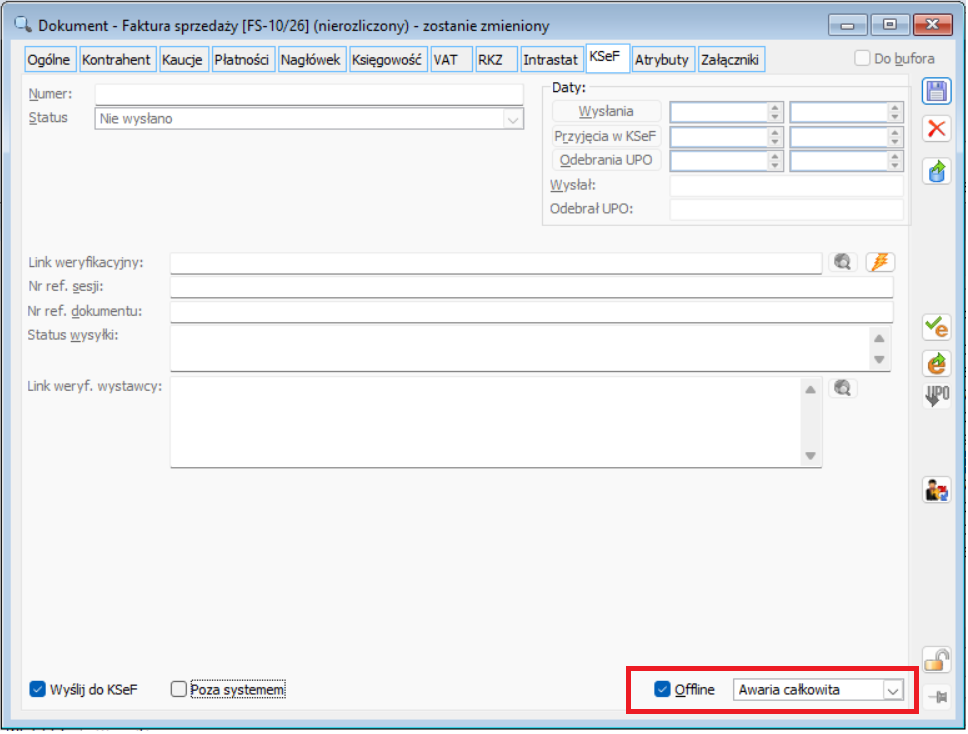 Faktura sprzedaży, na zakładce [KSeF] wybrano parametry „Offline” oraz „Awaria całkowita”