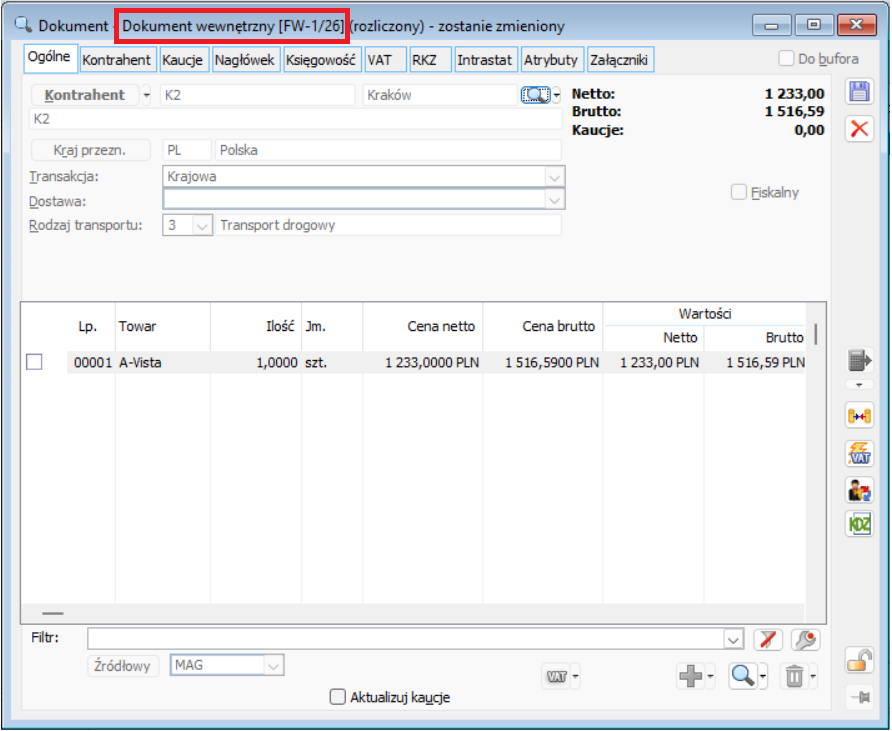 Przykład dokumentu wewnętrznego w systemie Comarch ERP XL (FW)