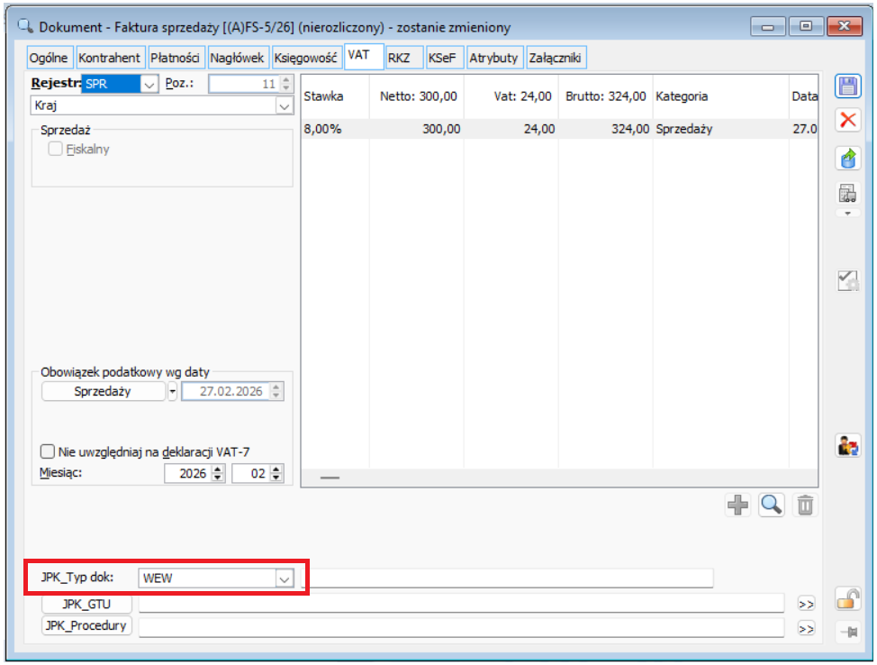 Faktura sprzedaży z wybranym parametrem „WEW” w polu „JPK_Typ Dok:”. W przypadku braku nr KSeF zostanie potraktowana jako dokument wewnętrzny (znacznik „1” w kolumnie „DI”