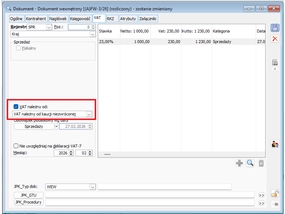 Faktura wewnętrzna a-vista z wybranym parametrem „VAT należny od kaucji niezwróconej”