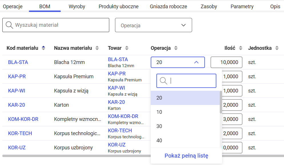 Combo z wyborem operacji