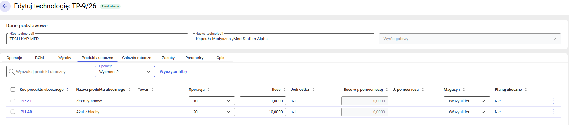 Filtrowanie po kodzie operacji
