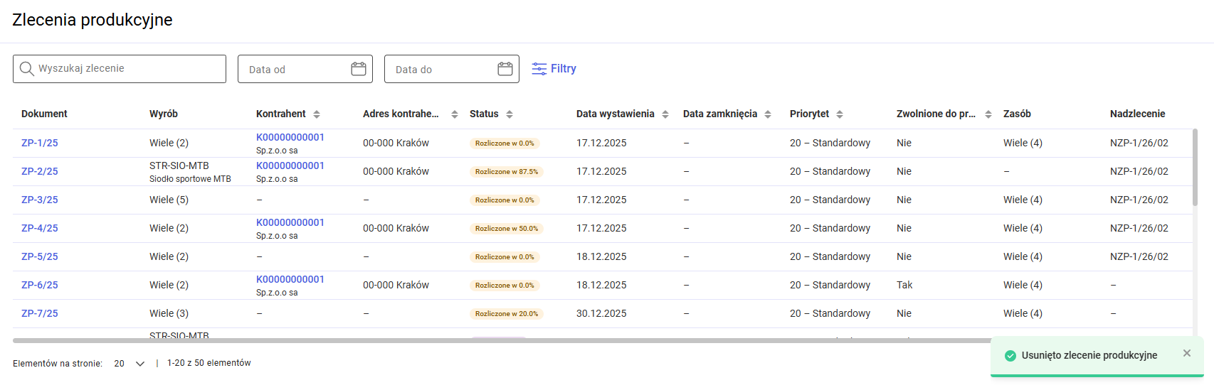 Komunikat potwierdzający usunięcie ZP