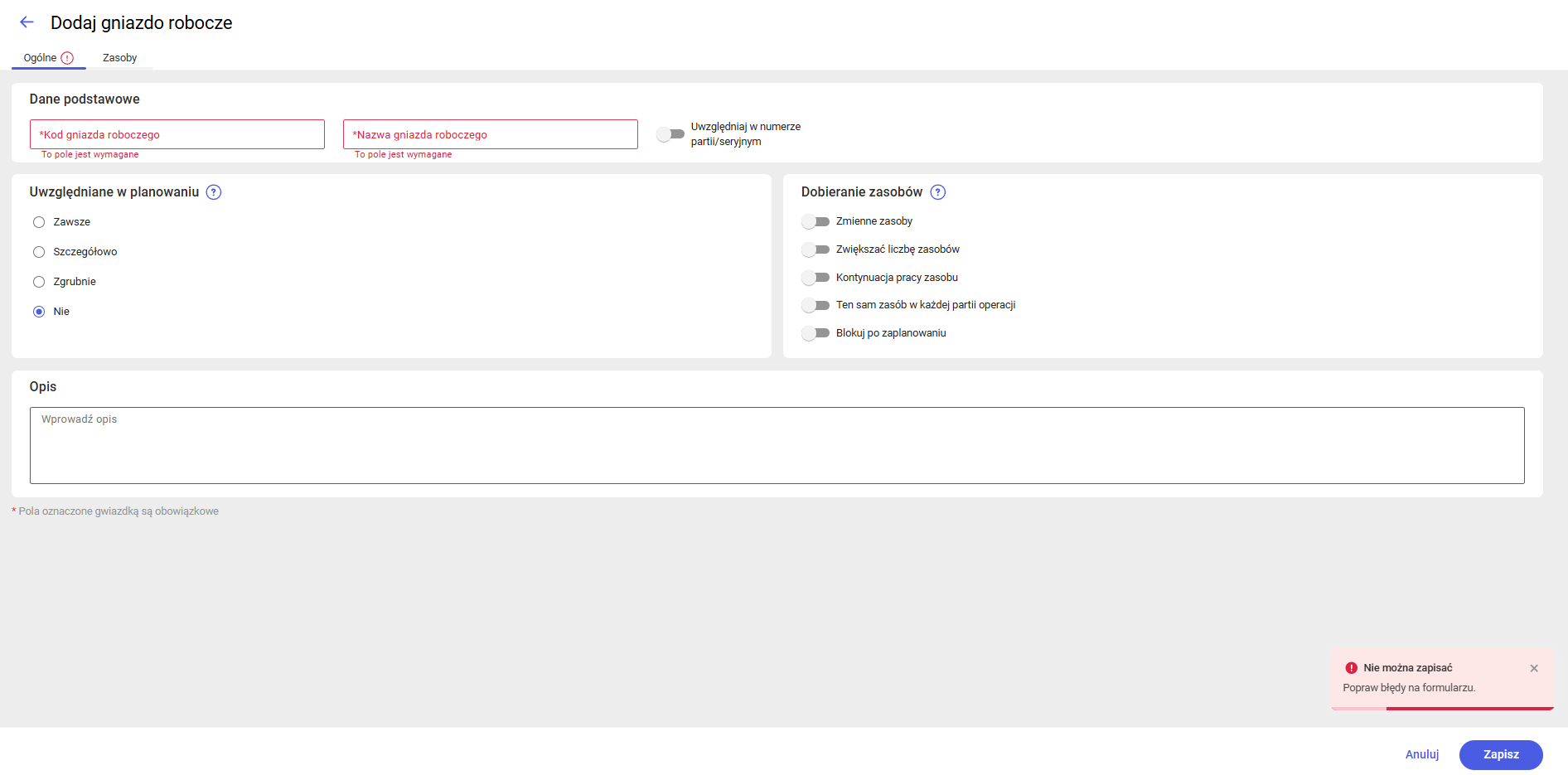Komunikat uniemożliwiający zapis gniazda roboczego