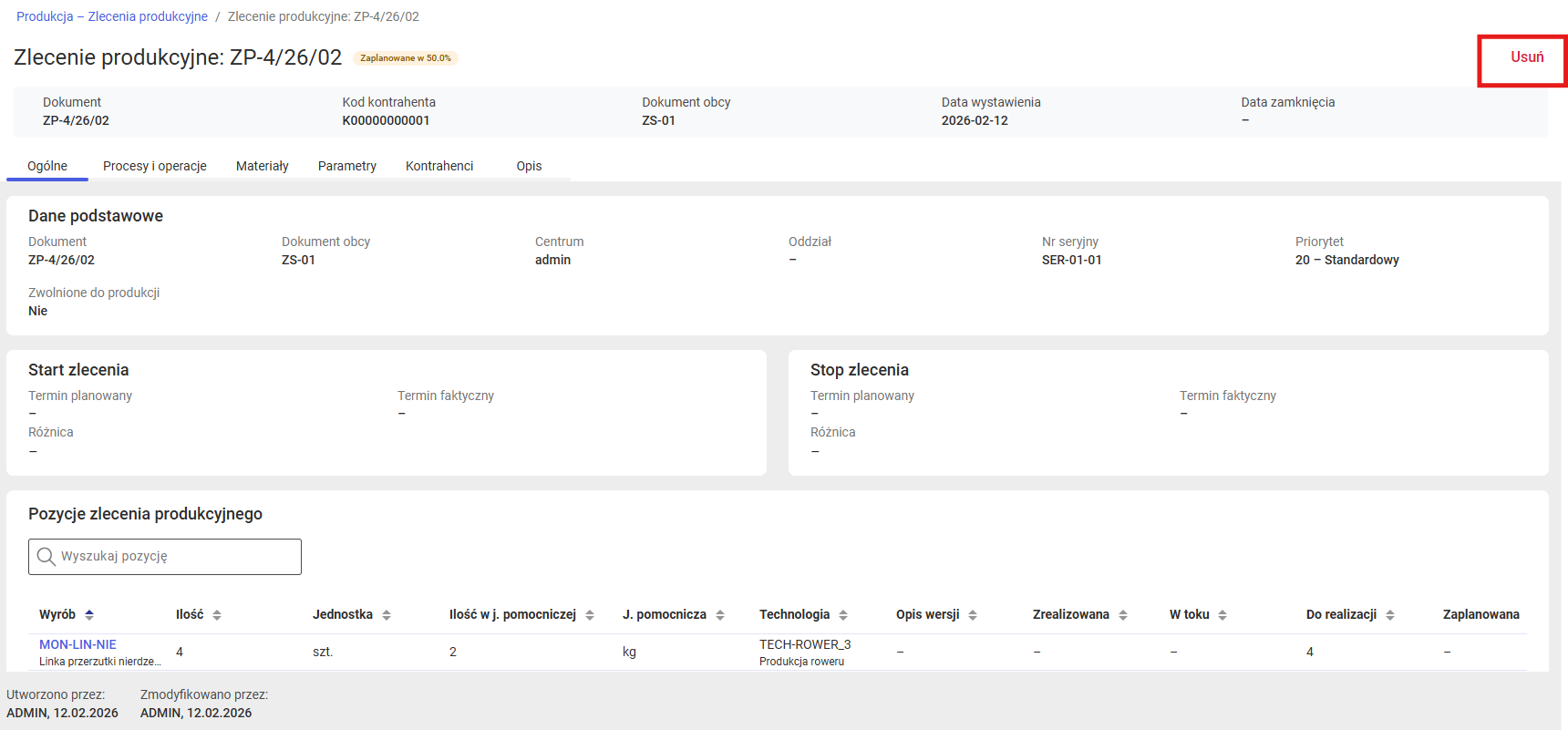 Podgląd zlecenia produkcyjnego