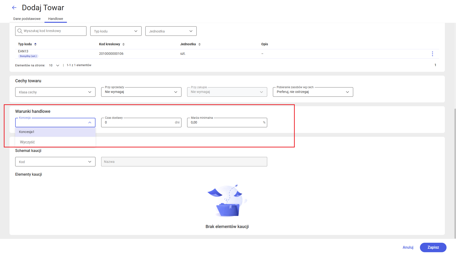 Edycja warunków handlowych podczas dodawania towaru