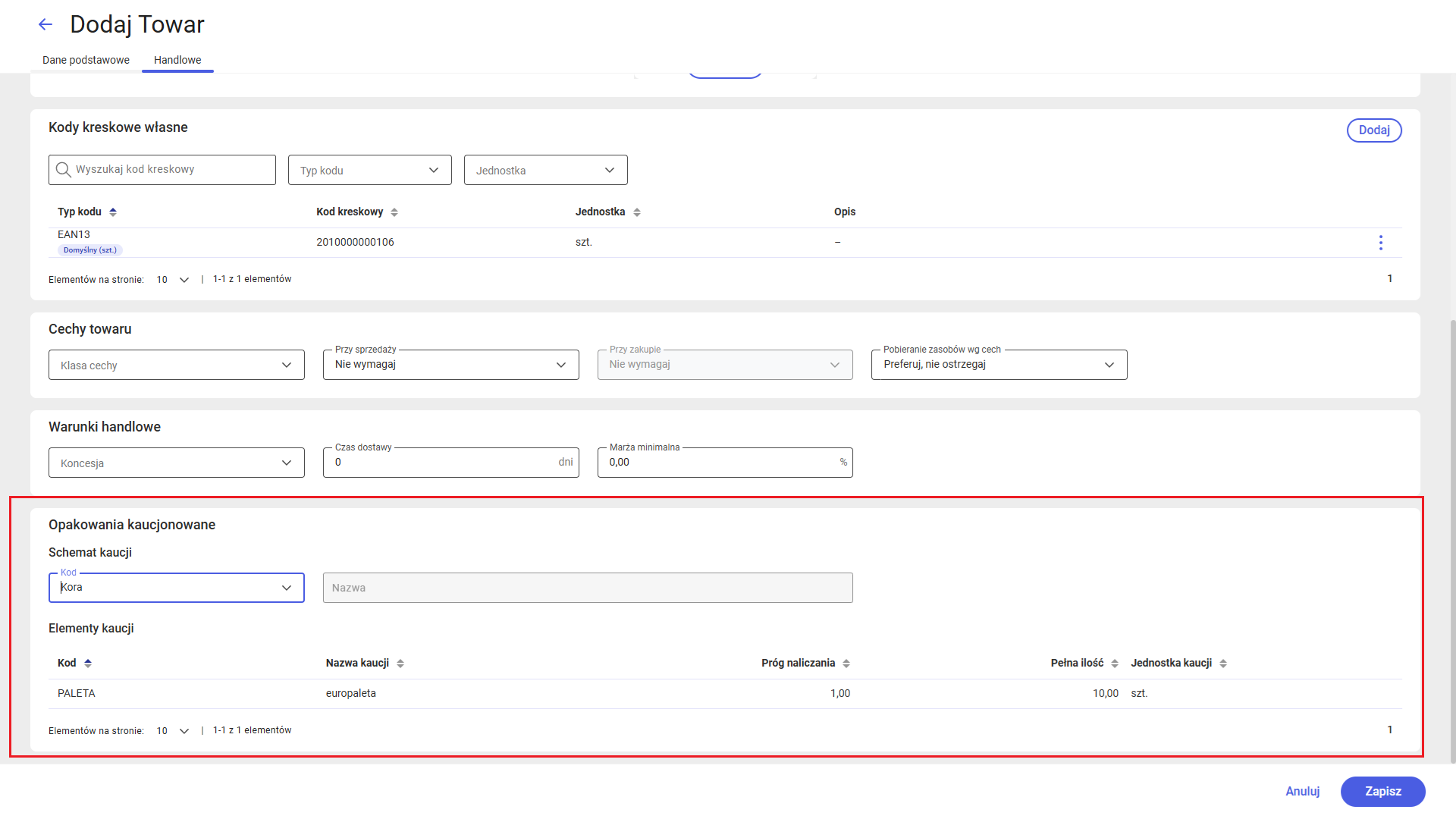 Przypisywanie schematu kaucji podczas dodawania towaru