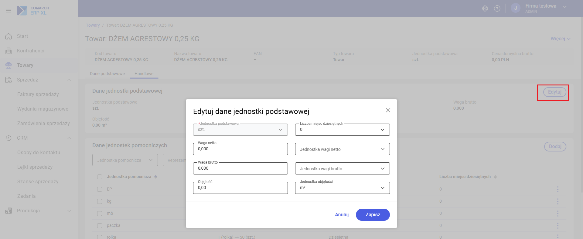 Edycja parametrów jednostki podstawowej