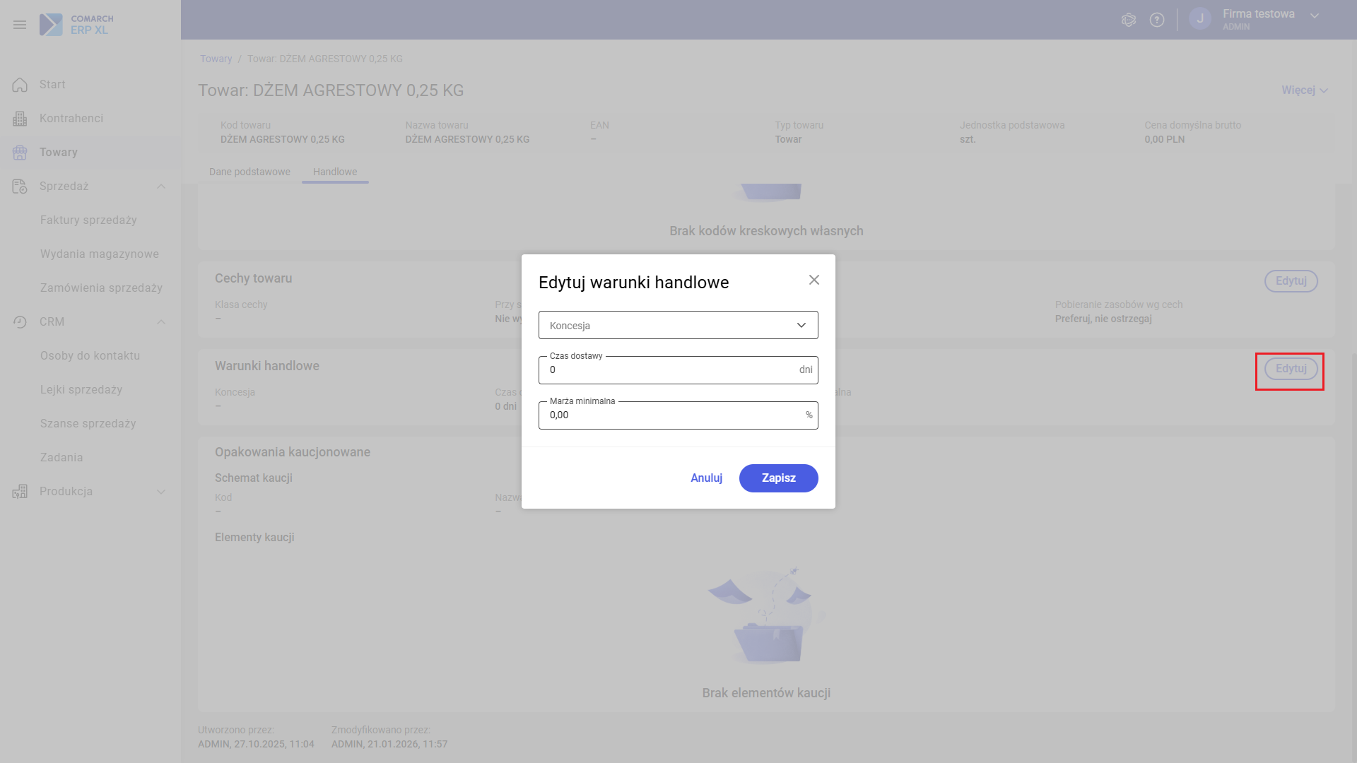 Edycja warunków handlowych