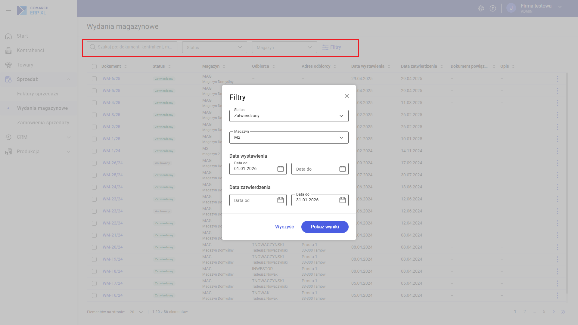 Filtry dostępne na liście wydań magazynowych