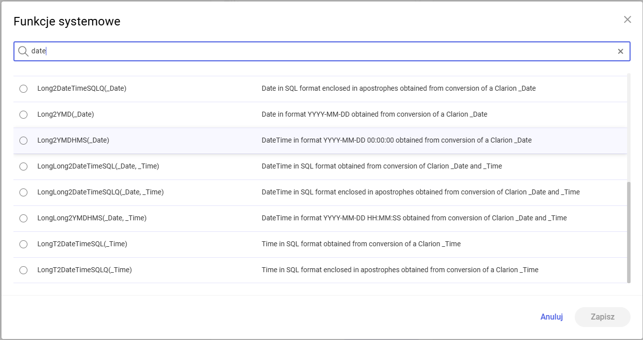 Lista funkcji systemowych dla filtra SQL