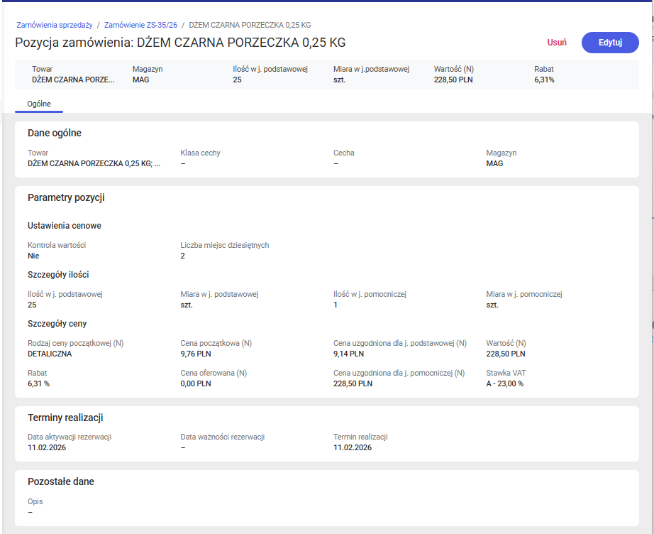 Formularz pozycji zamówienia w trybie podglądu