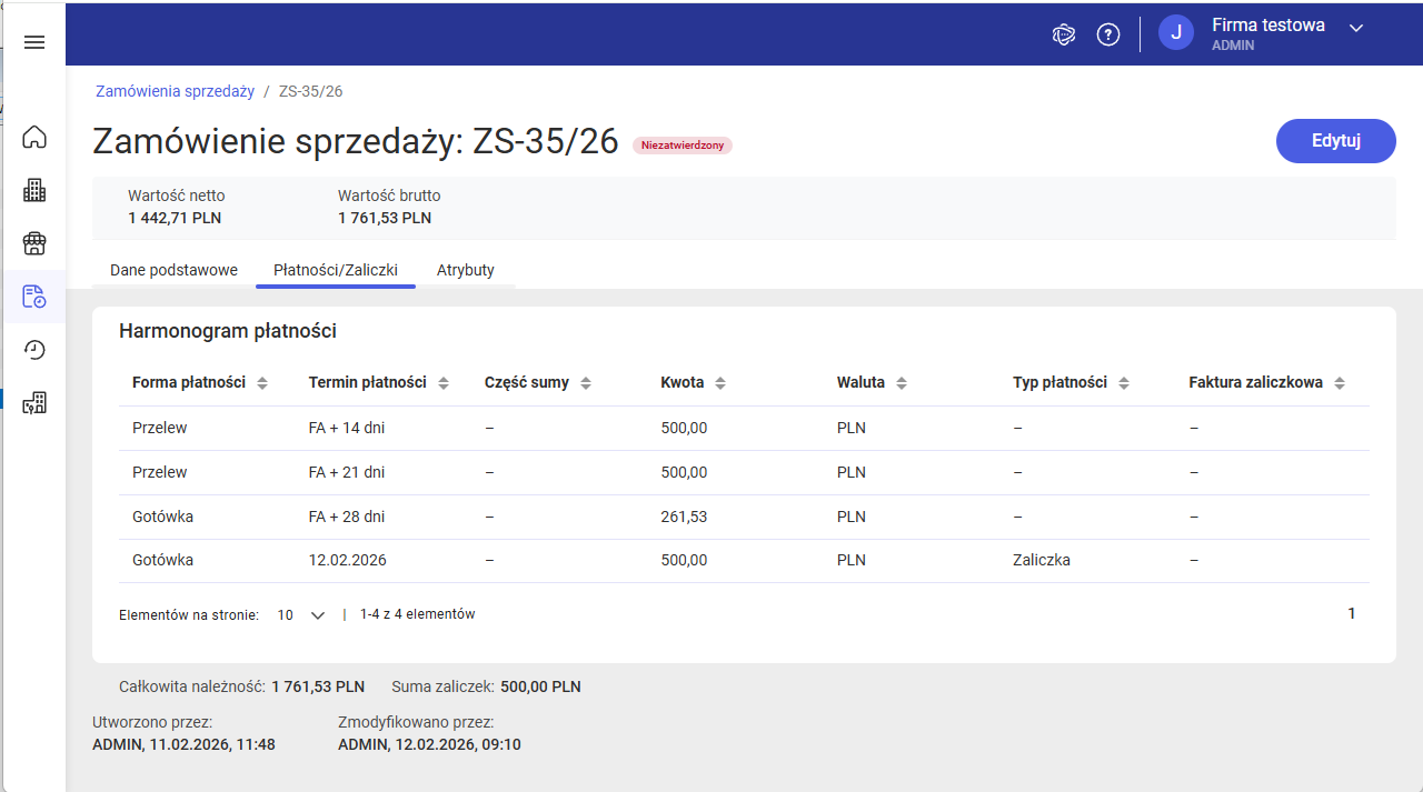 Podgląd płatności na zamówieniu