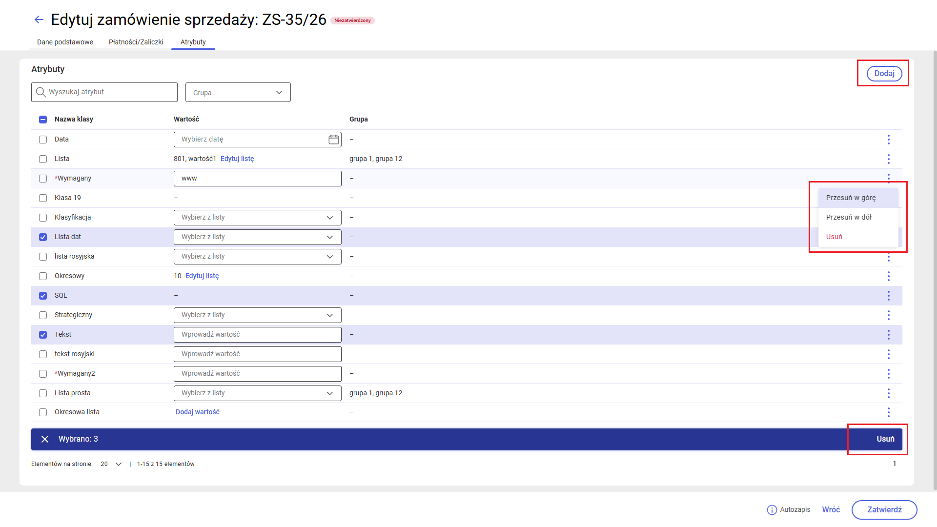Operacje na liście atrybutów zamówienia