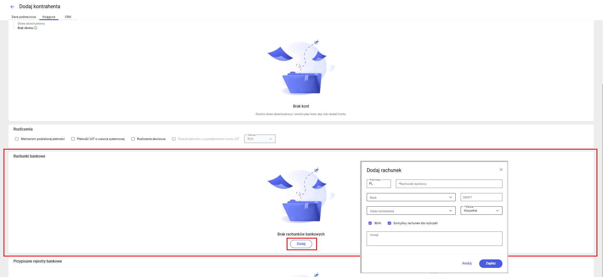 Dodawanie rachunku bankowego podczas dodawania kontrahenta