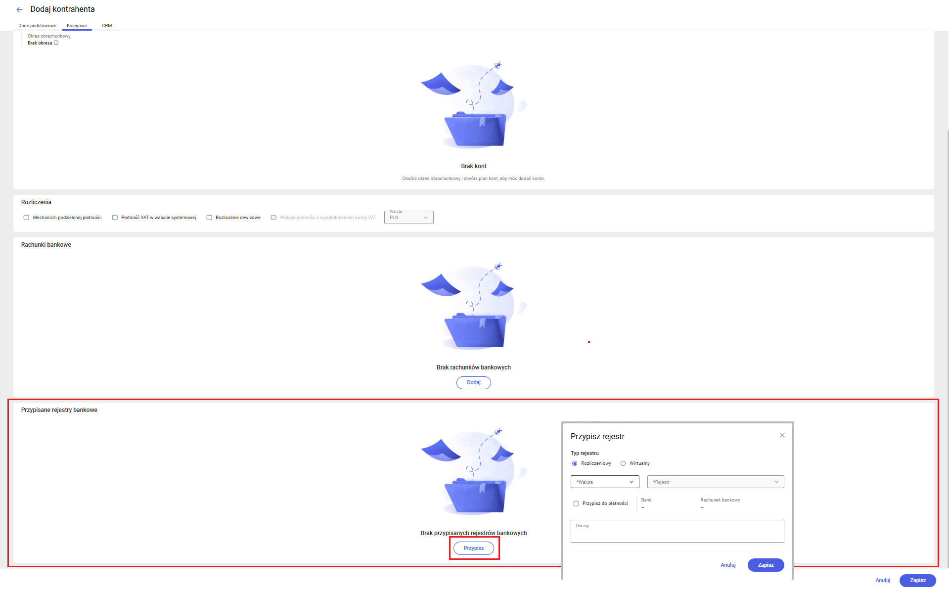 Przypisywanie rejestru bankowego podczas dodawania kontrahenta