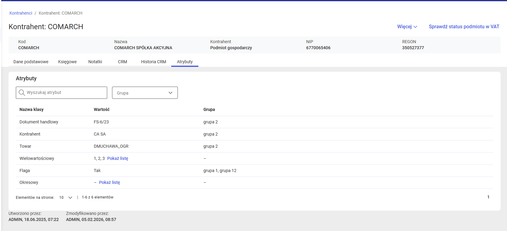 Atrybuty na kartotece kontrahenta