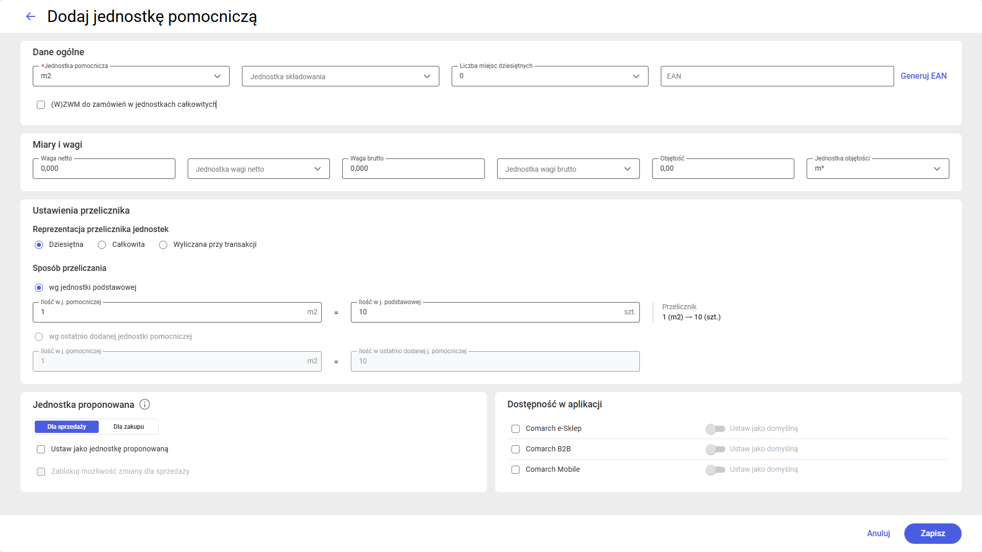 Definiowanie jednostki pomocniczej podczas dodawania towaru
