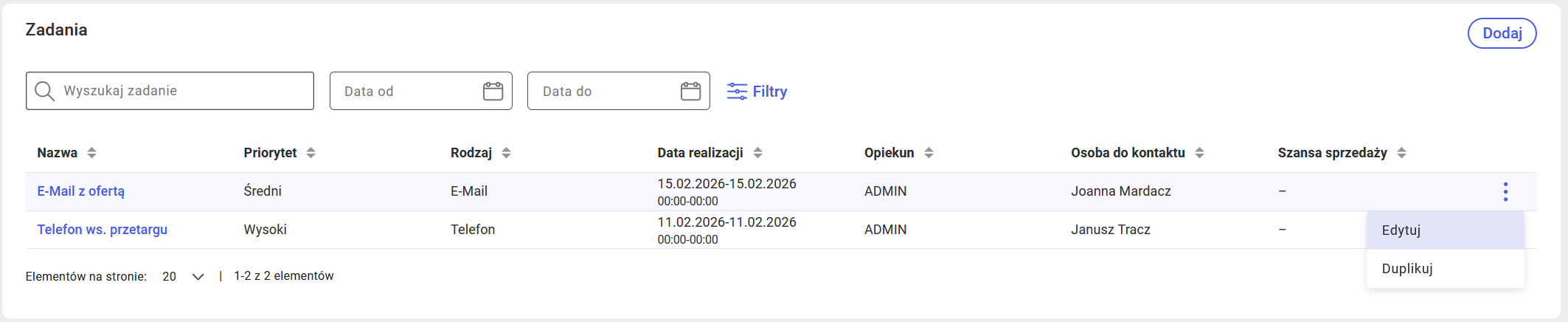 Sekcja Zadania na kontrahencie